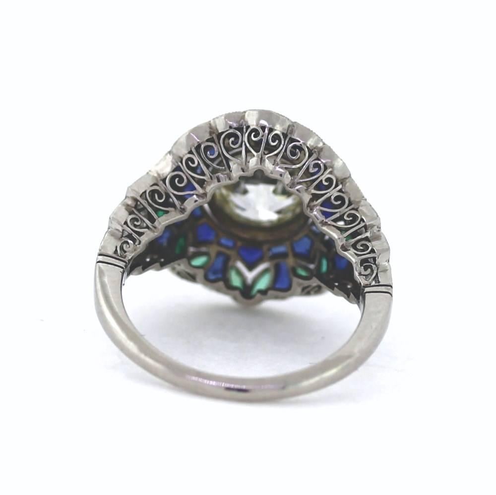 Art Deco  1.57 Carat Old European Cut Diamond Sapphire Emerald Platinum Ring
