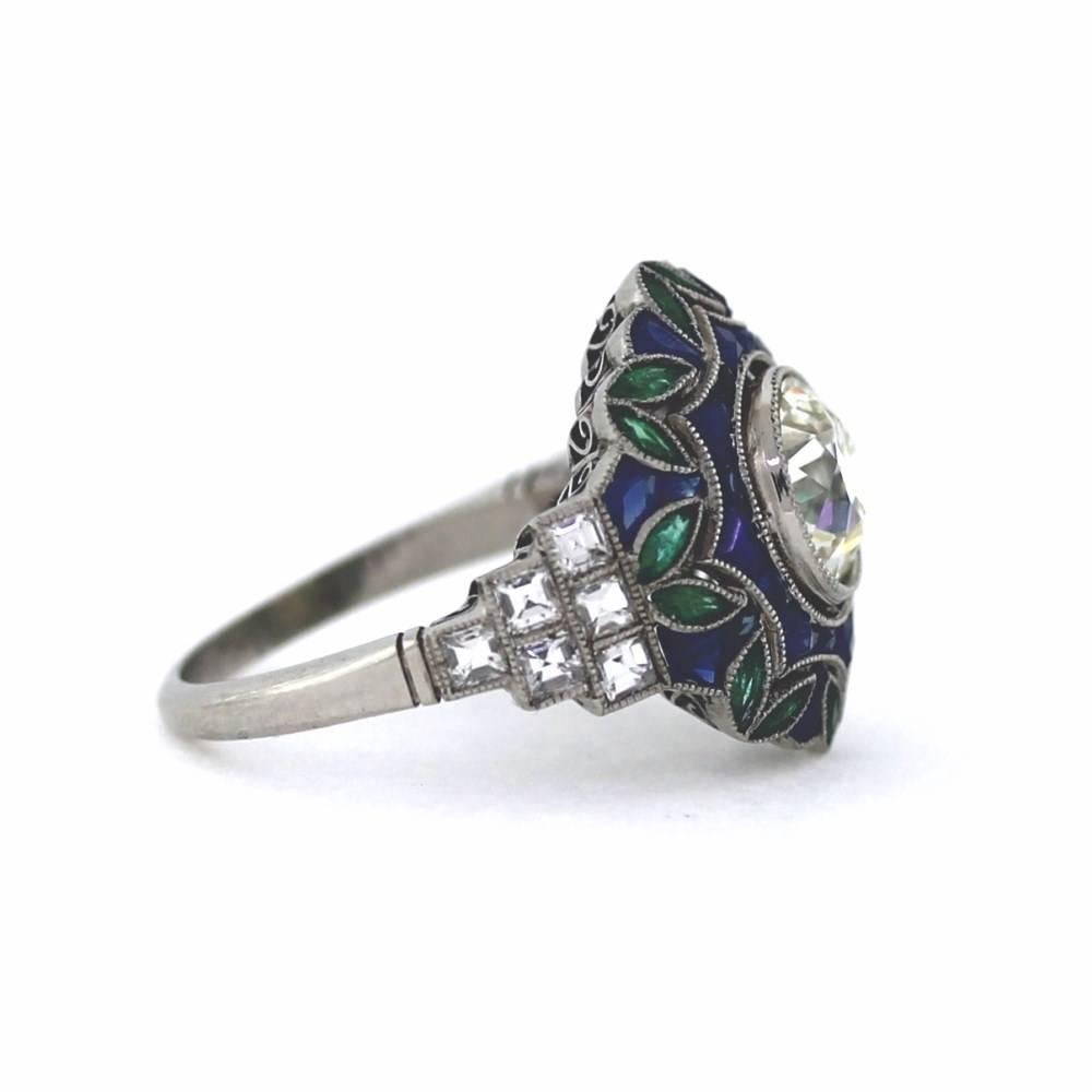 

 1.57 Carat Old European Cut Diamond Sapphire Emerald Platinum Ring  Sizeable size 6.