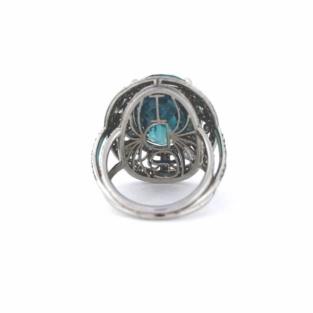 Huge 18 Carat Blue Zircon Diamond Platinum Engraved Ring In Excellent Condition In Scottsdale, AZ