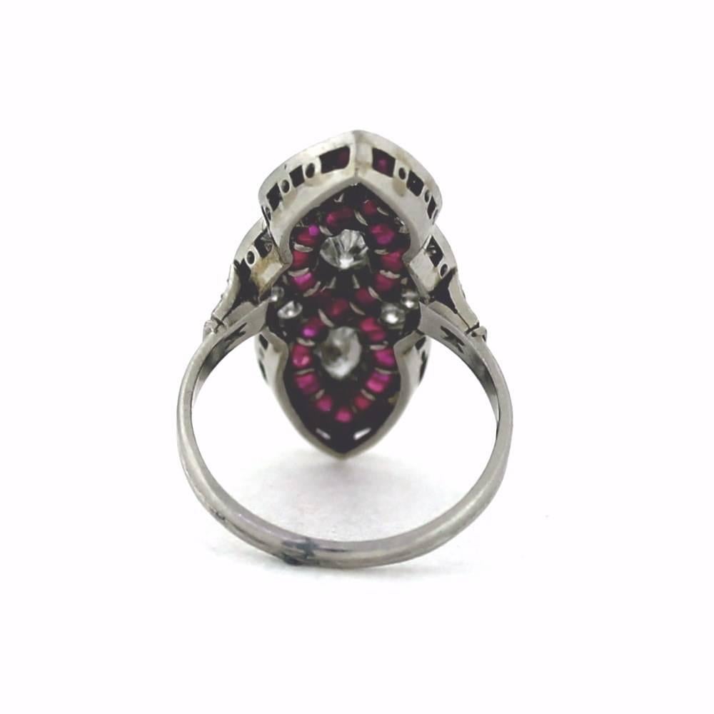 Art Deco Elongated Ruby Diamond Platinum Ring 