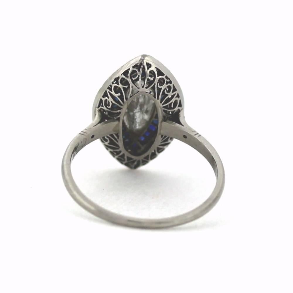 Art Deco  Marquise Old European Diamonds Sapphires Platinum Ring