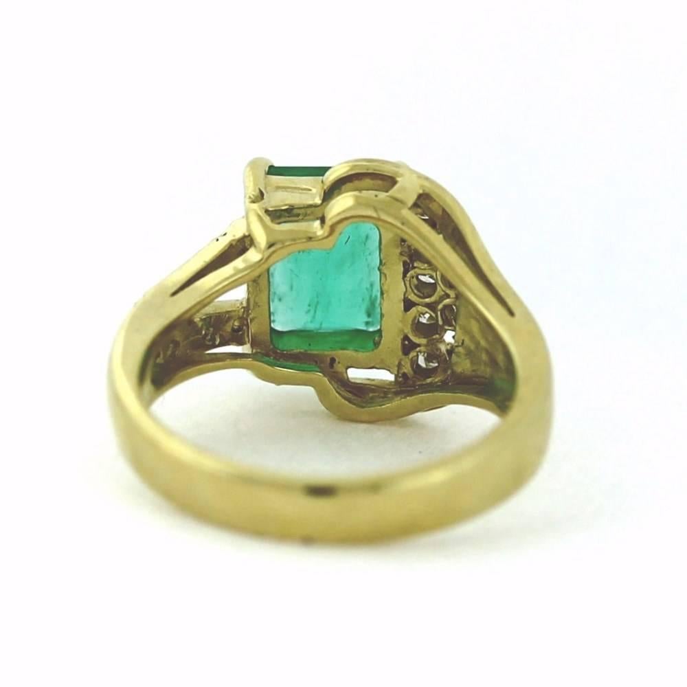 Emerald Cut 1980s Buckle Style Emerald Diamond Gold Ring