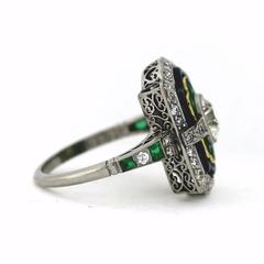 Onyx Emerald Diamond Platinum Ring
