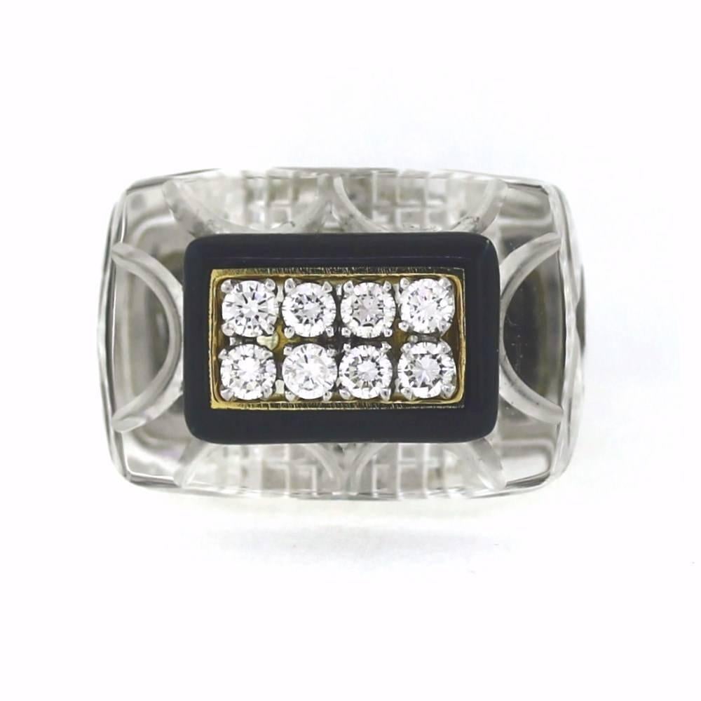 SUPER COOL, Only by WEBB! 18K White gold bottom with a custom carved rock crystal quartz holding a rectangular enamel inlay.  8 round brilliant diamonds set in 18K Yellow Gold are inside the black enamel border that weigh approximately 1.04tcw. 