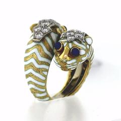 DAVID WEBB Tiger Bypass Ring in Yellow Gold with Diamonds, Sapphires and Enamel