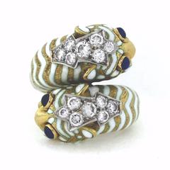 DAVID WEBB Tiger Bypass Ring in Yellow Gold with Diamonds, Sapphires and Enamel