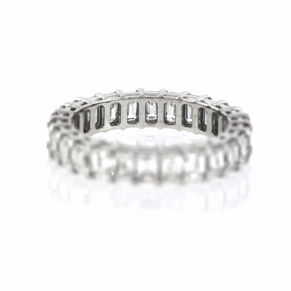 We have perfected the eternity band and specialize in emerald cut diamond versions of all sizes! Plus we have rounds and other shapes. This band has 26 diamonds that weigh 3.77tcw. We have taken our long standing handmade platinum wire process and