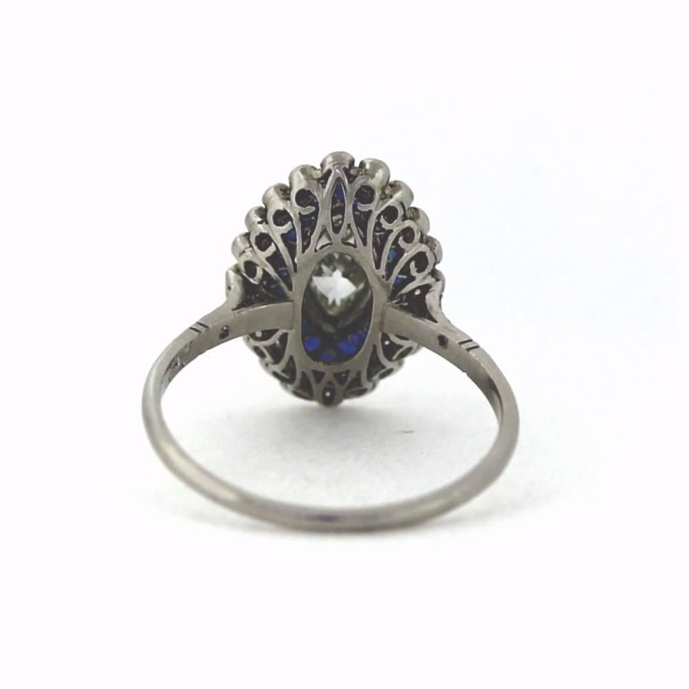 Art Deco Marquise Cut Diamond and Sapphire  Platinum Ring In Excellent Condition In Scottsdale, AZ