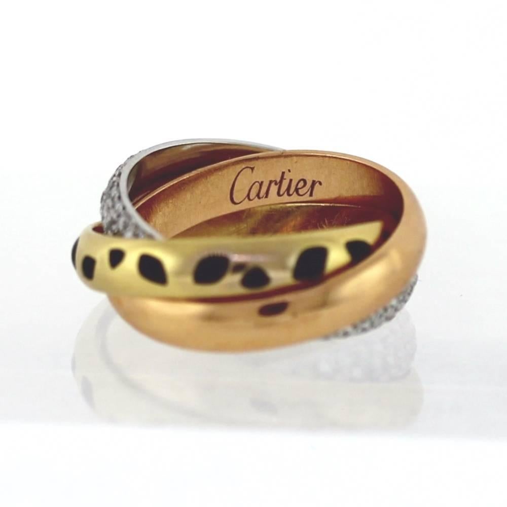 Cartier Roll Ring 3 Tone 18k Gold Pave Diamonds and Enamel In Excellent Condition In Scottsdale, AZ