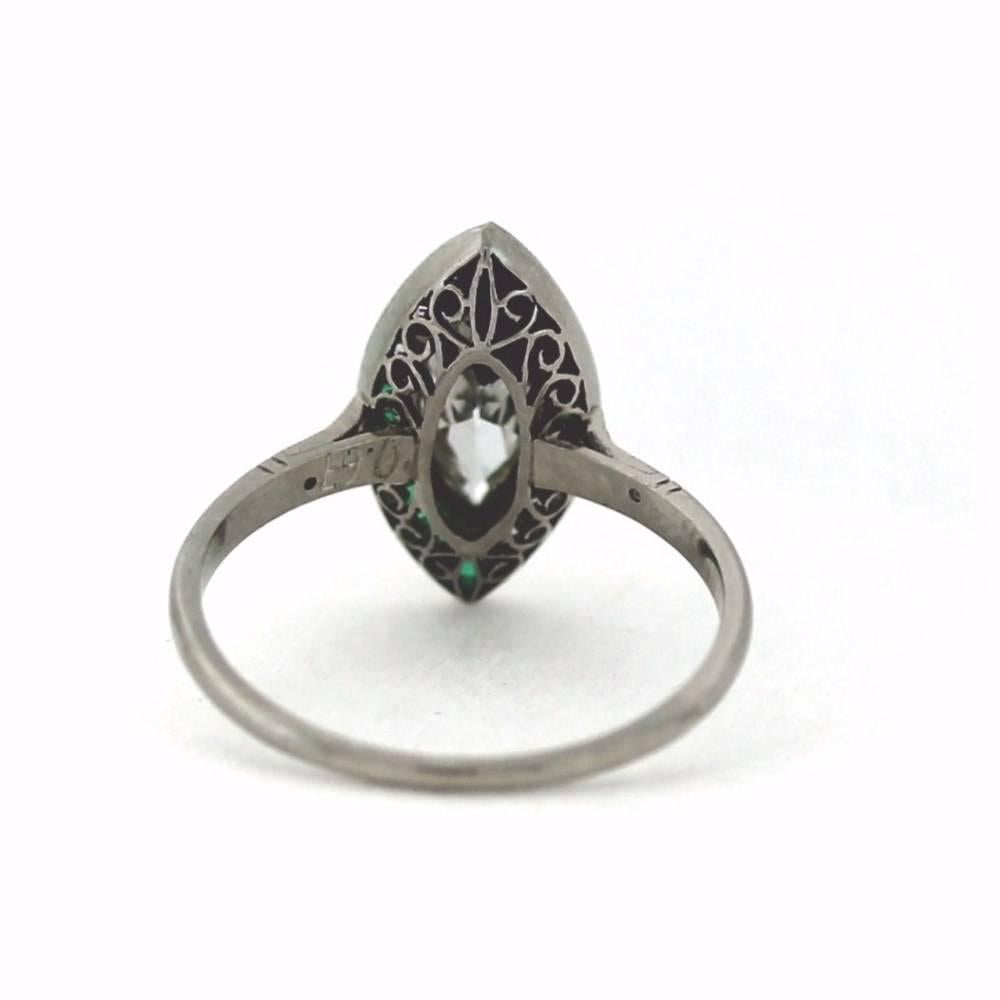 Pre 1940's Art Deco Ring in Platinum featuring Marquise Diamond and Emeralds In Excellent Condition In Scottsdale, AZ