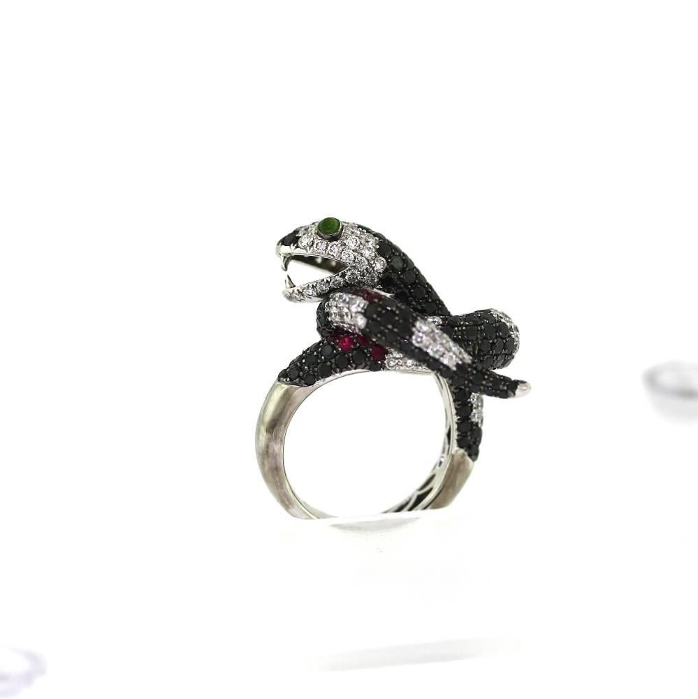 Women's or Men's Modern Ruby Garnet White and Black Diamond Gold Snake Ring