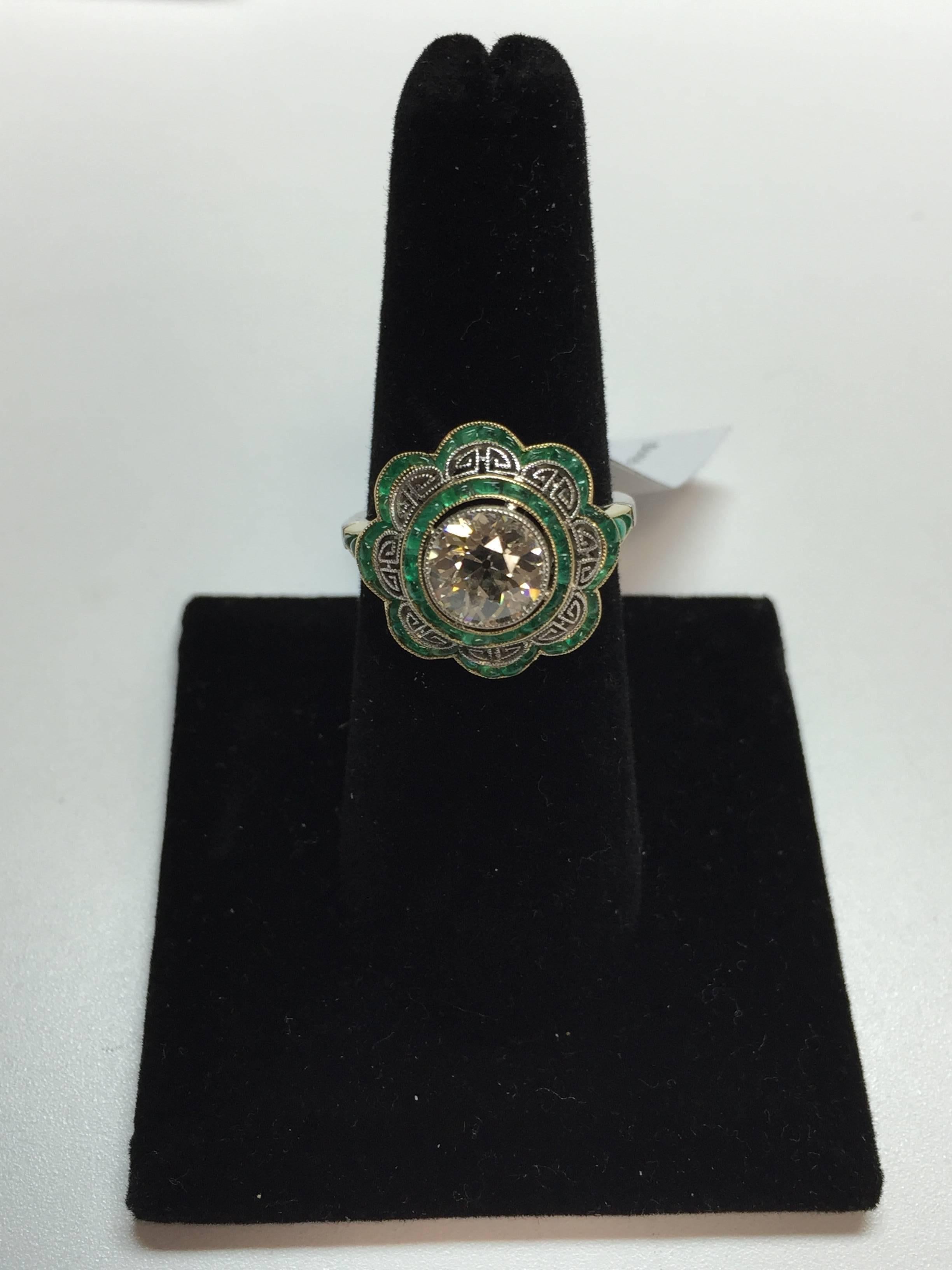 Old European Cut Emerald Diamond Platinum Ring 1