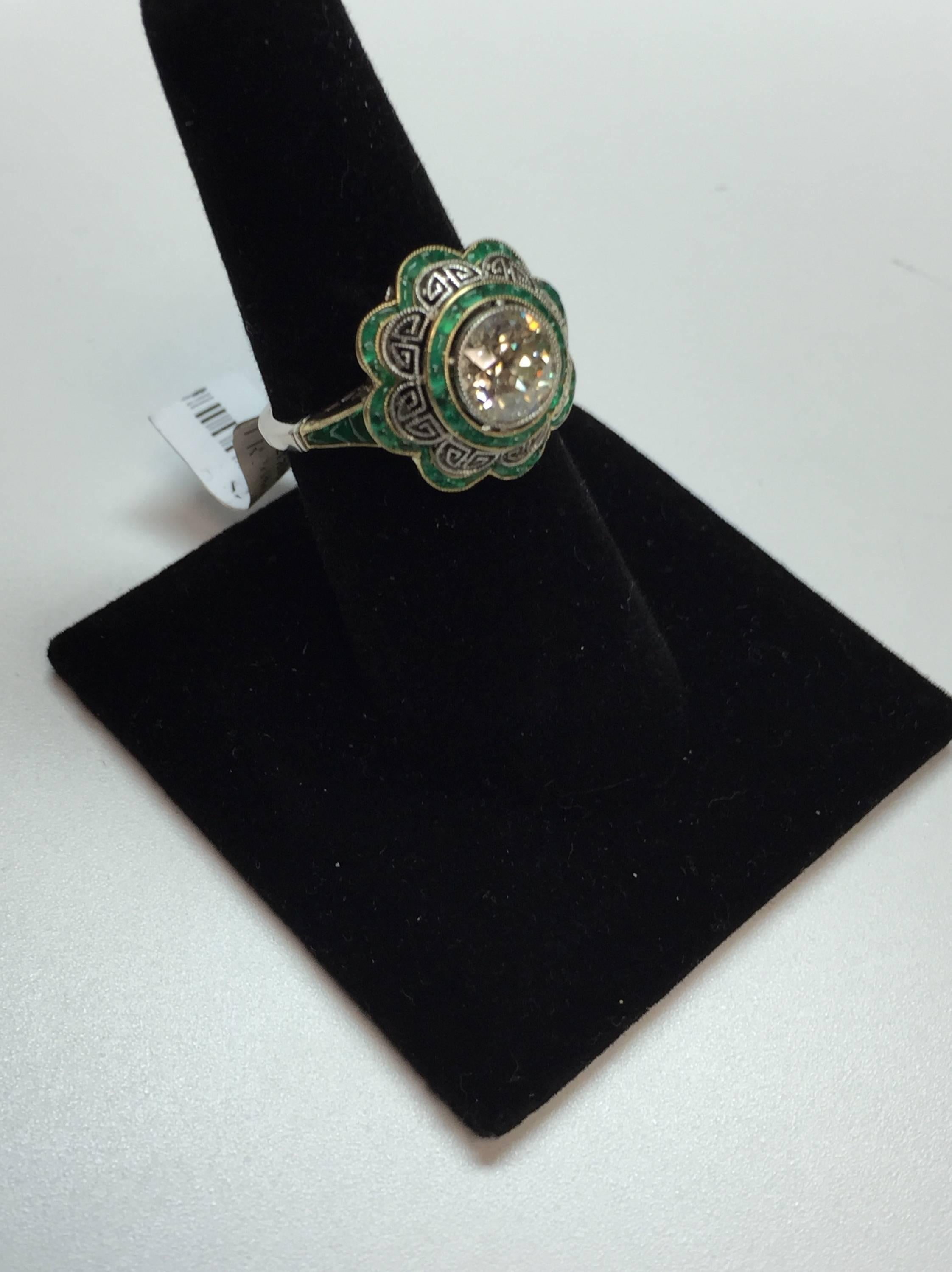 Old European Cut Emerald Diamond Platinum Ring In Excellent Condition In Scottsdale, AZ