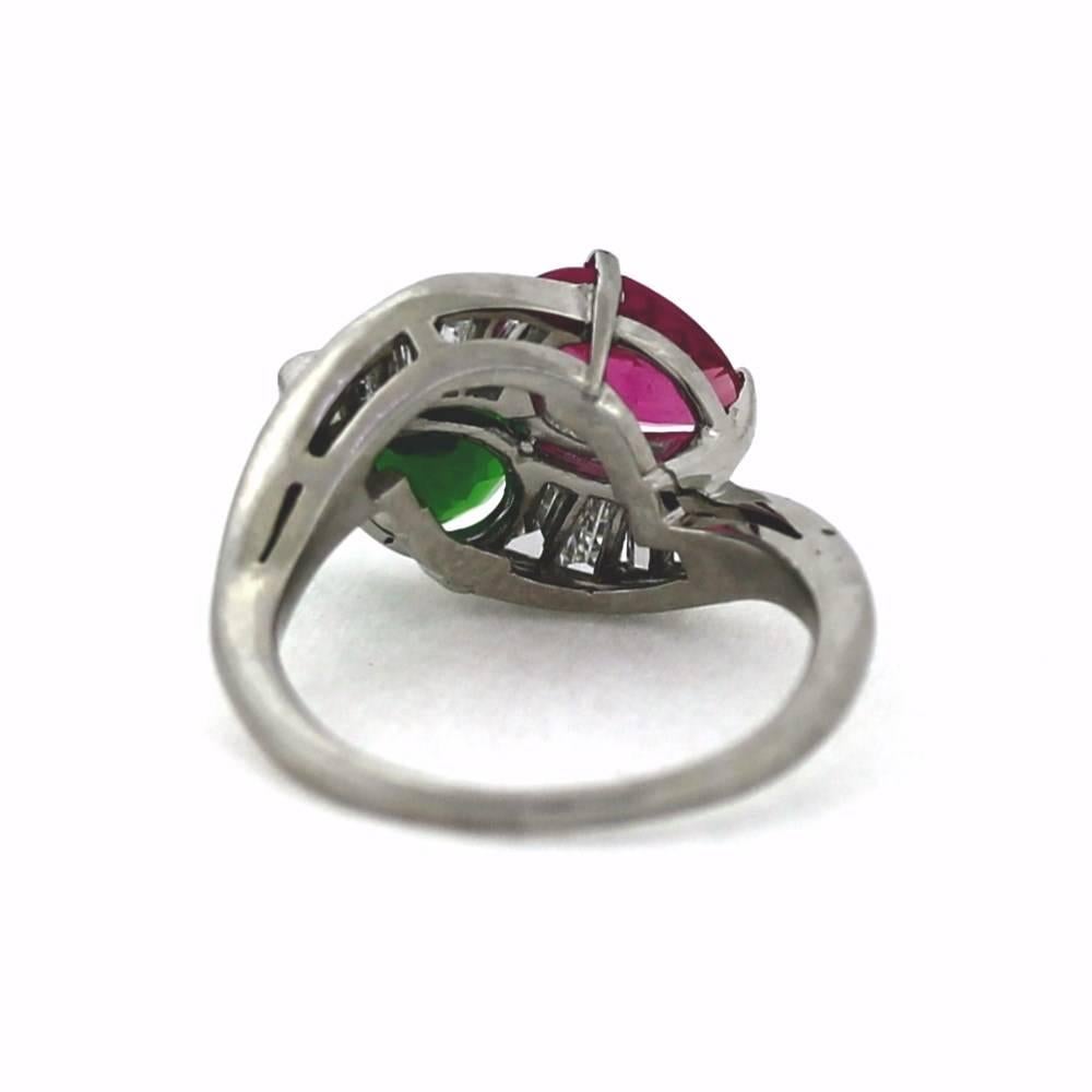 Vibrant Green and Pink Tourmaline Diamond Platinum Bypass Ring In Excellent Condition In Scottsdale, AZ