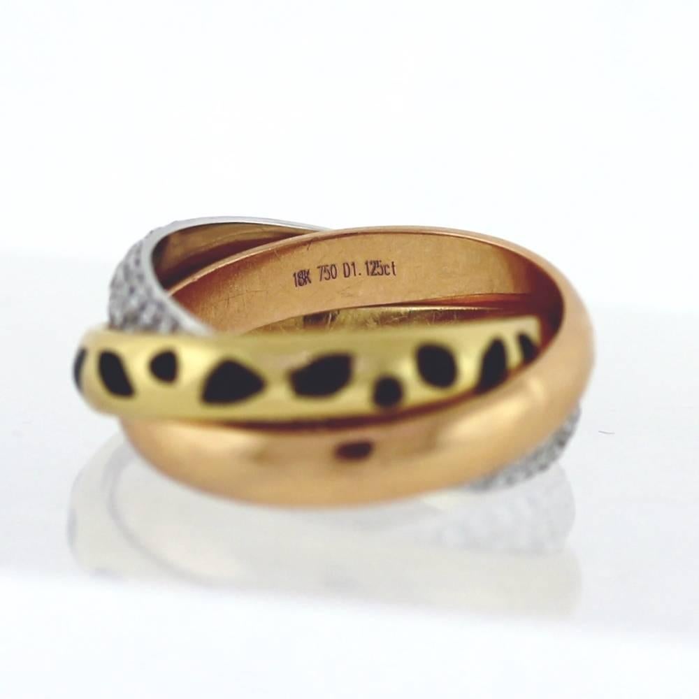 Women's or Men's Cartier Roll Ring 3 Tone 18k Gold Pave Diamonds and Enamel