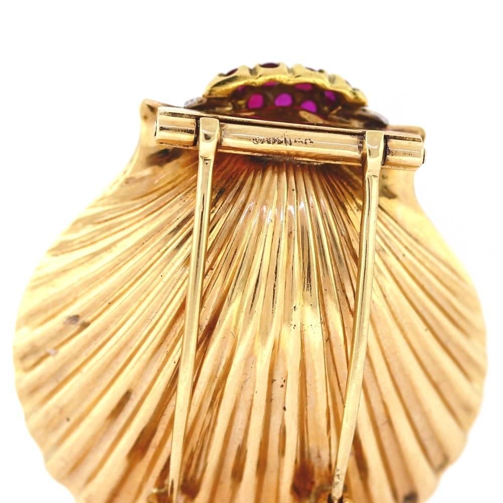 Round Cut Cartier Diamond and Ruby, Gold Shell Brooch