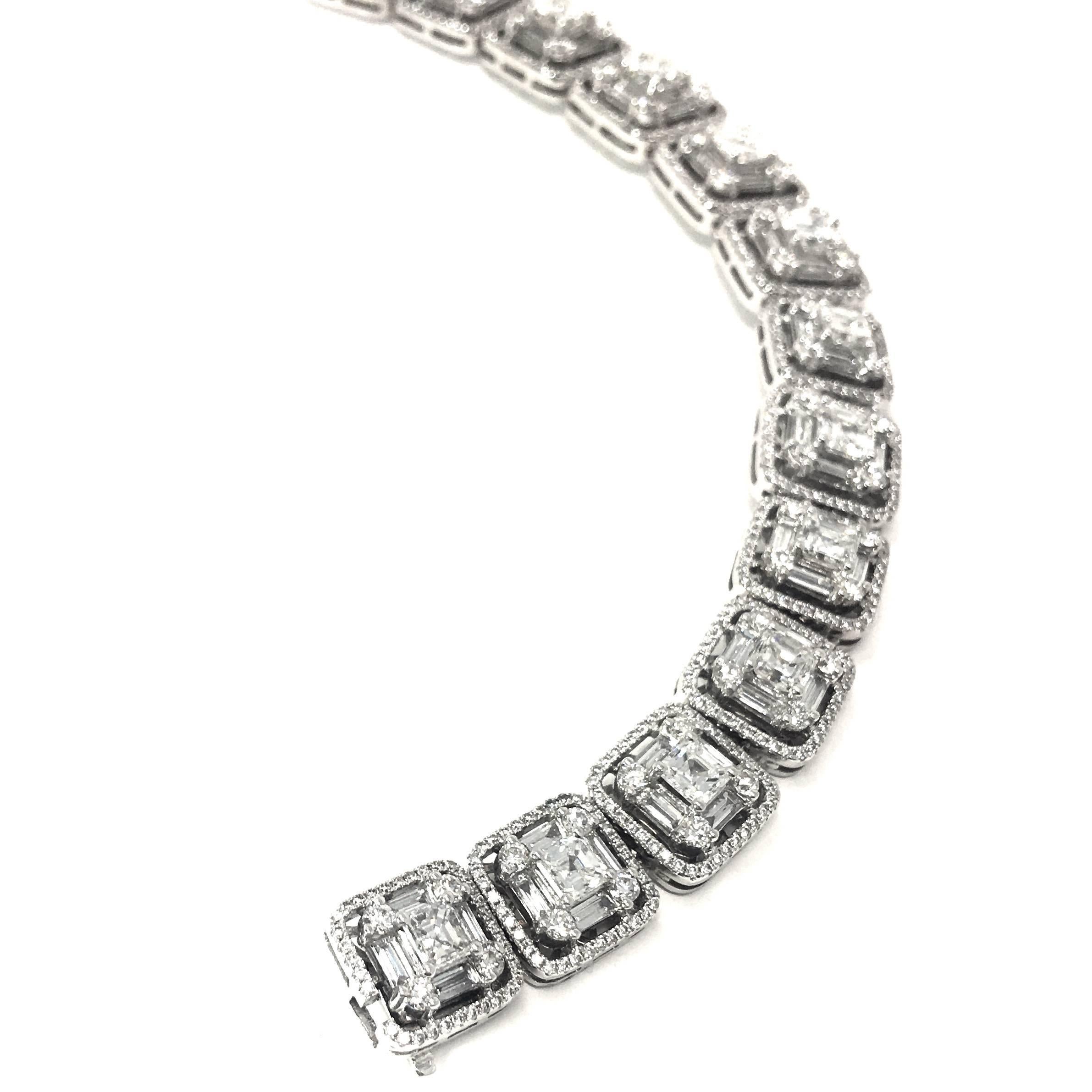 Women's or Men's 18.90 Carat White Diamond Emerald Cut and Diamond Baguette Bracelet