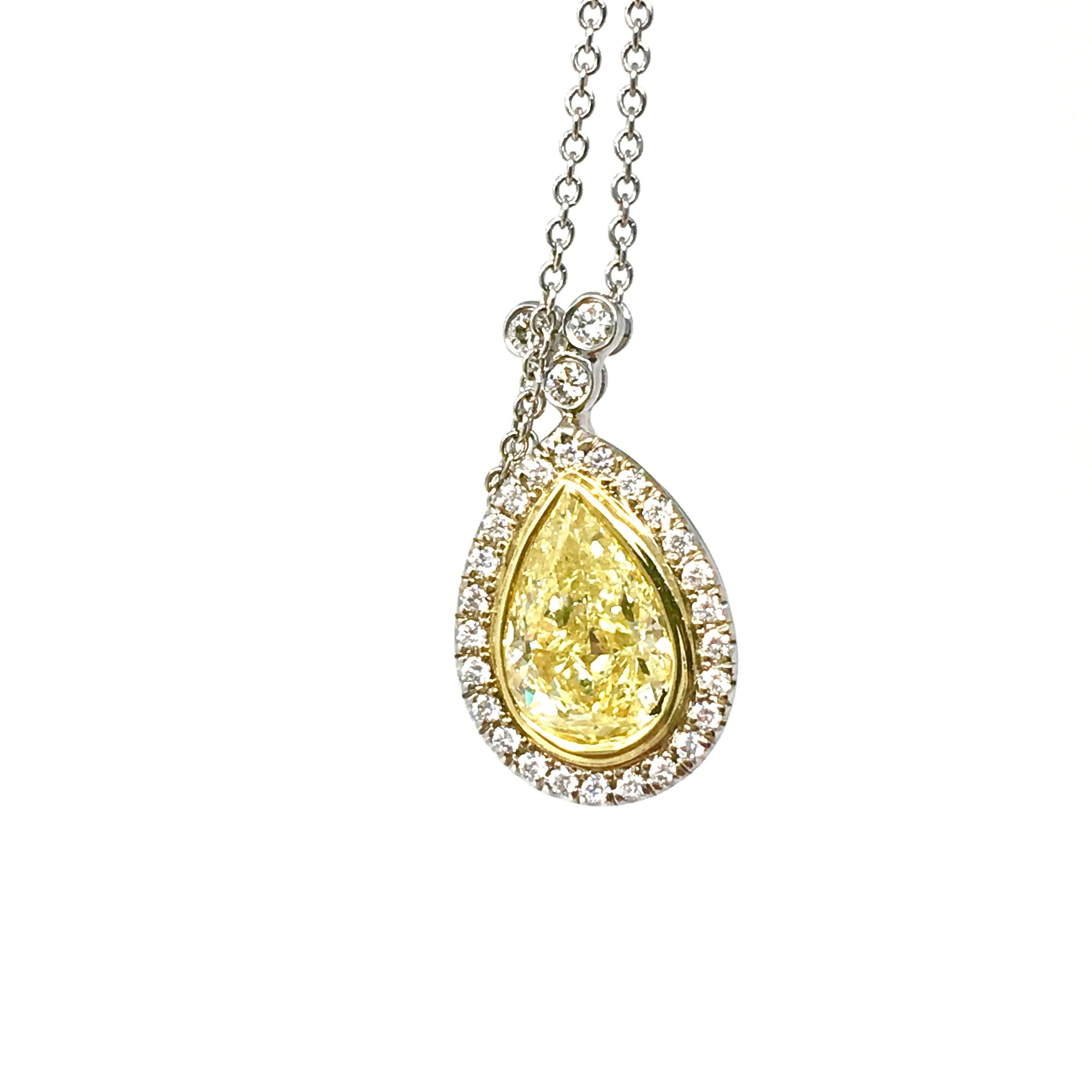 Pear Cut GIA Certified 1.51 Carat Pear Shape Yellow Diamond Pendant