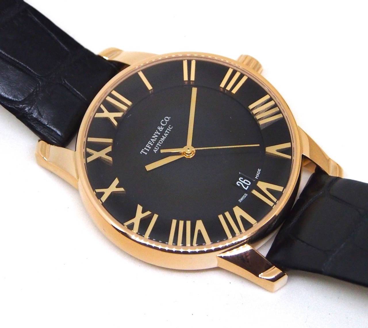 Tiffany & Co. Rose Gold Atlas Dome Black Dial Automatic Wristwatch In Excellent Condition In Los Angeles, CA