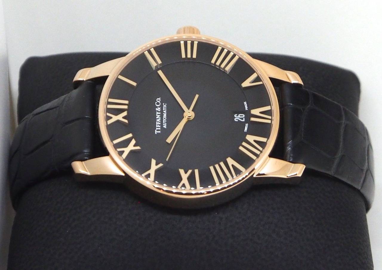 Men's Tiffany & Co. Rose Gold Atlas Dome Black Dial Automatic Wristwatch