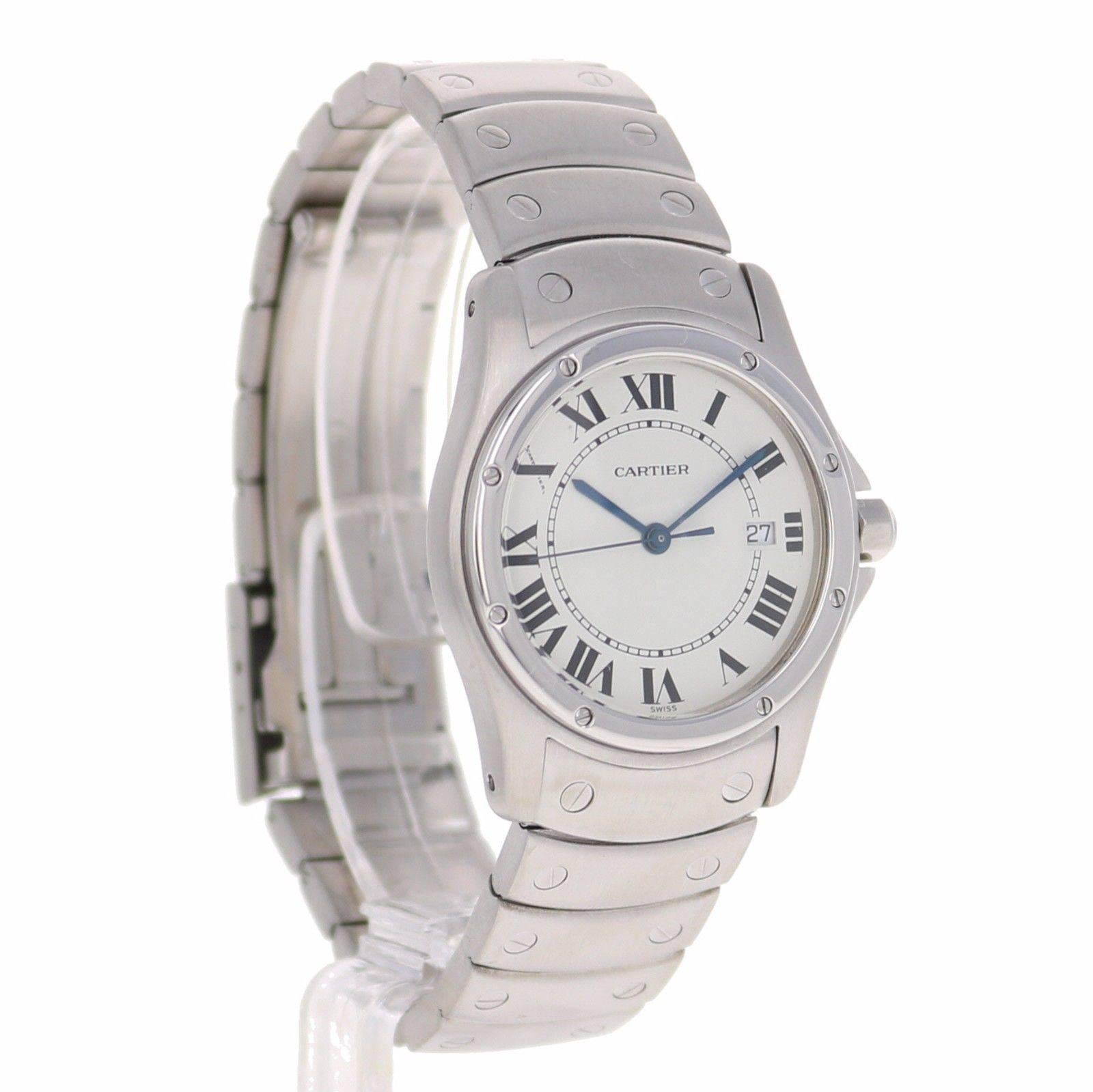 Brand Name:  Cartier 
Style Number:  1561-1
Also Called:  15611 
Series:  Santos Ronde 
Gender:  Lady's 
Case Material:  Stainless Steel 
Dial Color:  White w/ Roman Markers 
Movement:  
Functions:  Hours, Minutes, Seconds, Date 
Crystal Material: 
