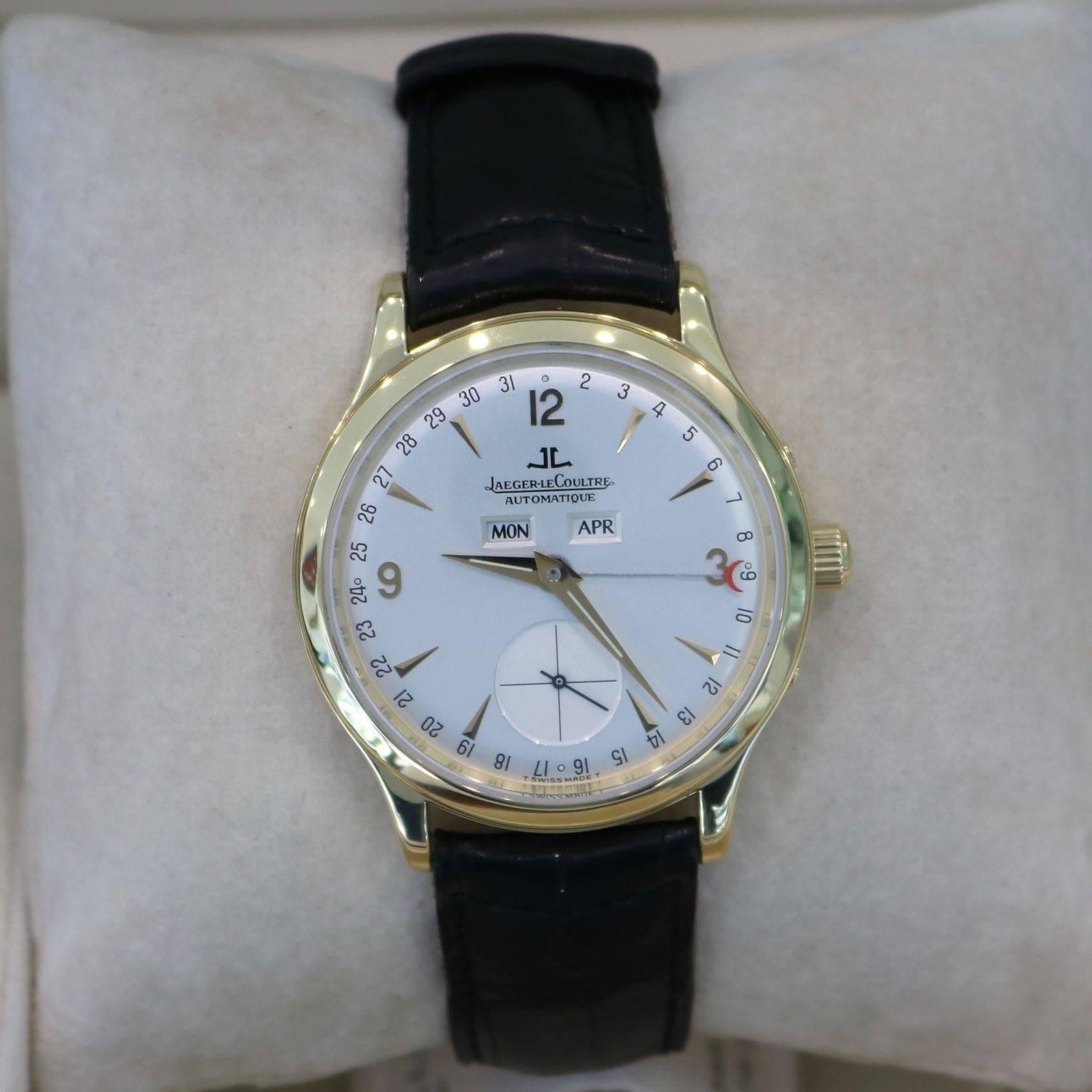 Brand Name:  Jaeger LeCoultre
Style Number:  140.1.87
Series:  Master Calendar
Gender:  Men's
Case Material:  18k Yellow Gold
Dial Color:  Silver
Movement:  Automatic
Engine:  JLC Cal. 891/447 Basis Cal: JLC 889/1
Functions:  Hours, Minutes,