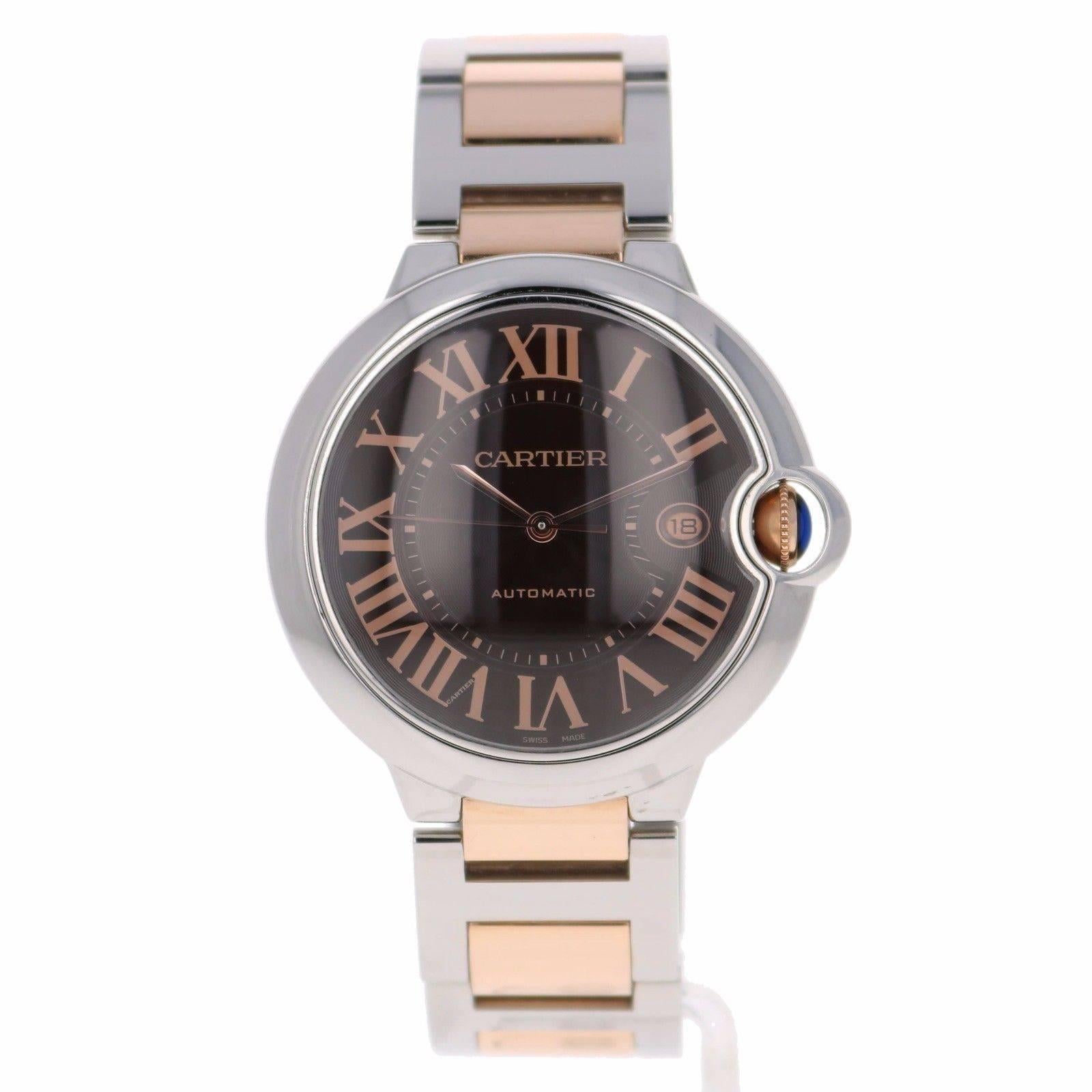 Brand Name 
Cartier 
Style Number 
W6920032 
Series 
Ballon Bleu 
Gender 
Unisex 
Case Material 
Stainless Steel + 18k Rose Gold 
Dial Color 
Chocolate Brown w/ Rose Roman Numerals 
Movement 
Automatic 
Engine 
Cartier Calibre 049 
Functions 
Hours,