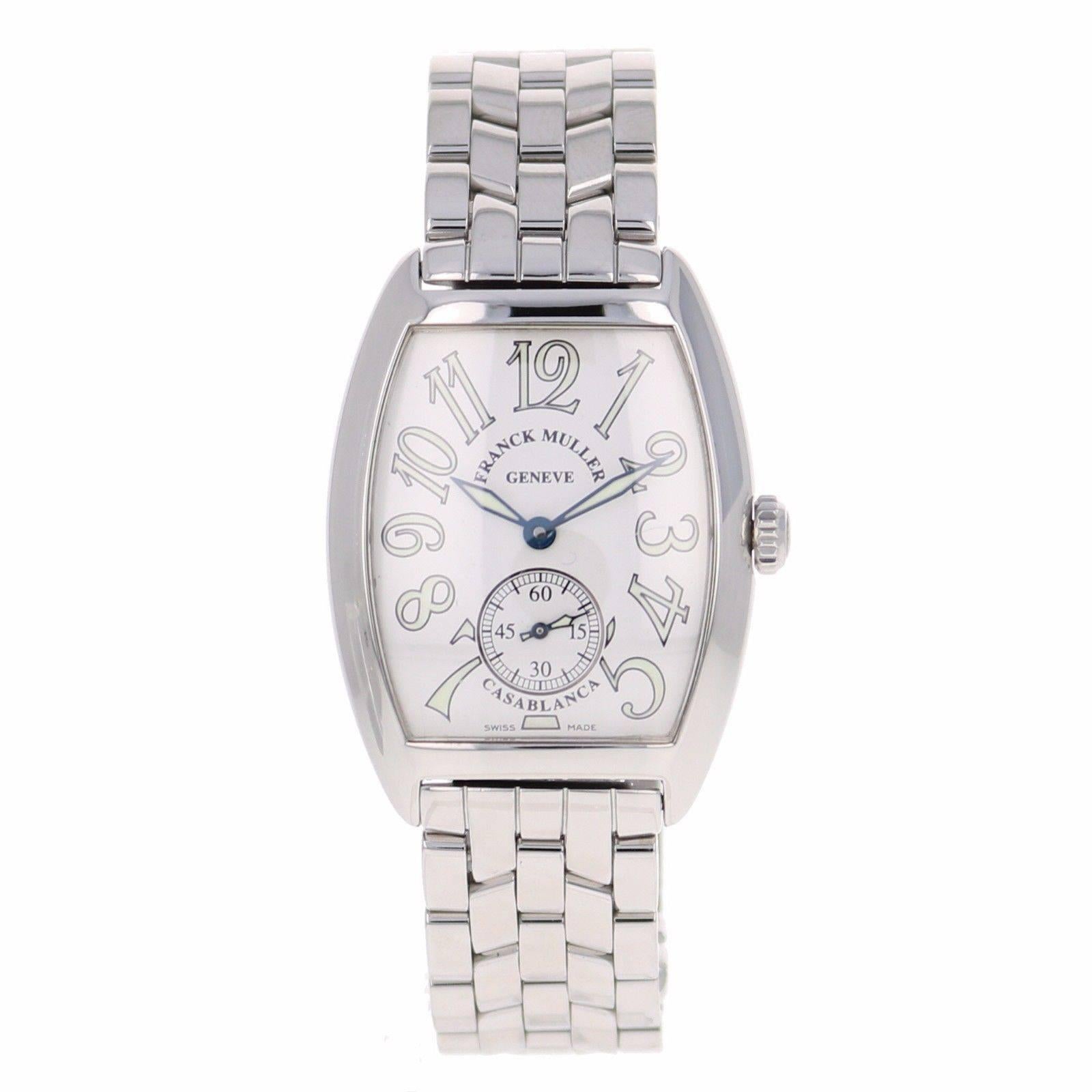 Brand Name	Franck Muller
Style Number	7502 S6
Series	Casablanca
Gender	Lady's 
Case Material	Stainless Steel
Dial Color	White
Movement	Manual Wind
Functions	Hours, Minutes, Seconds
Crystal Material	Sapphire
Case Diameter	33mm x