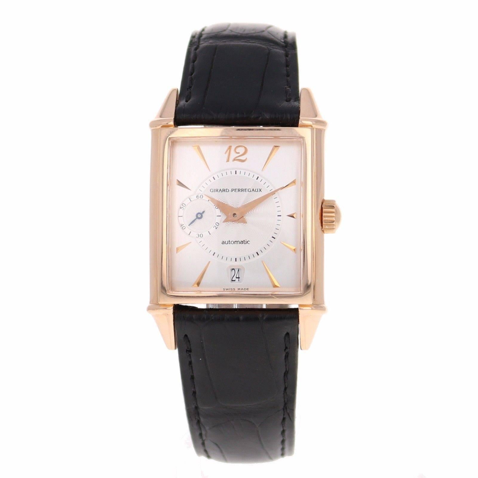 Brand Name	Girard Perregaux
Style Number	25960.0.52.1161
Also Called	Ref. 2596
Series	Vintage 1945
Gender	Men's
Case Material	18k Rose Gold
Dial Color	Silver
Movement	Automatic
Functions	Hours, Minutes, Seconds, Date
Crystal Material	Sapphire
Case