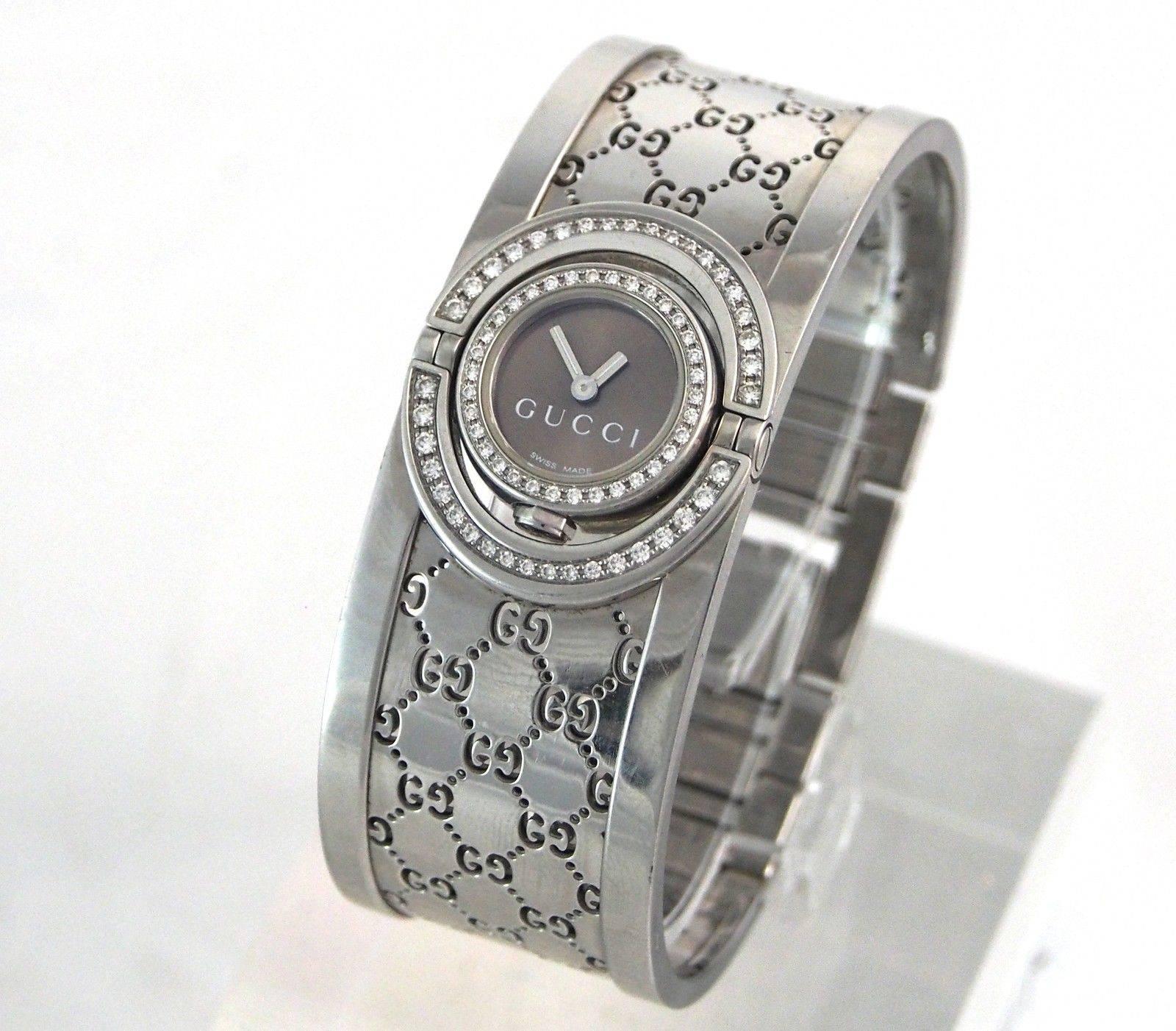 Women's Gucci Ladies Stainless Steel Diamond Bezel 112 Twirl Cuff with Wristwatch For Sale