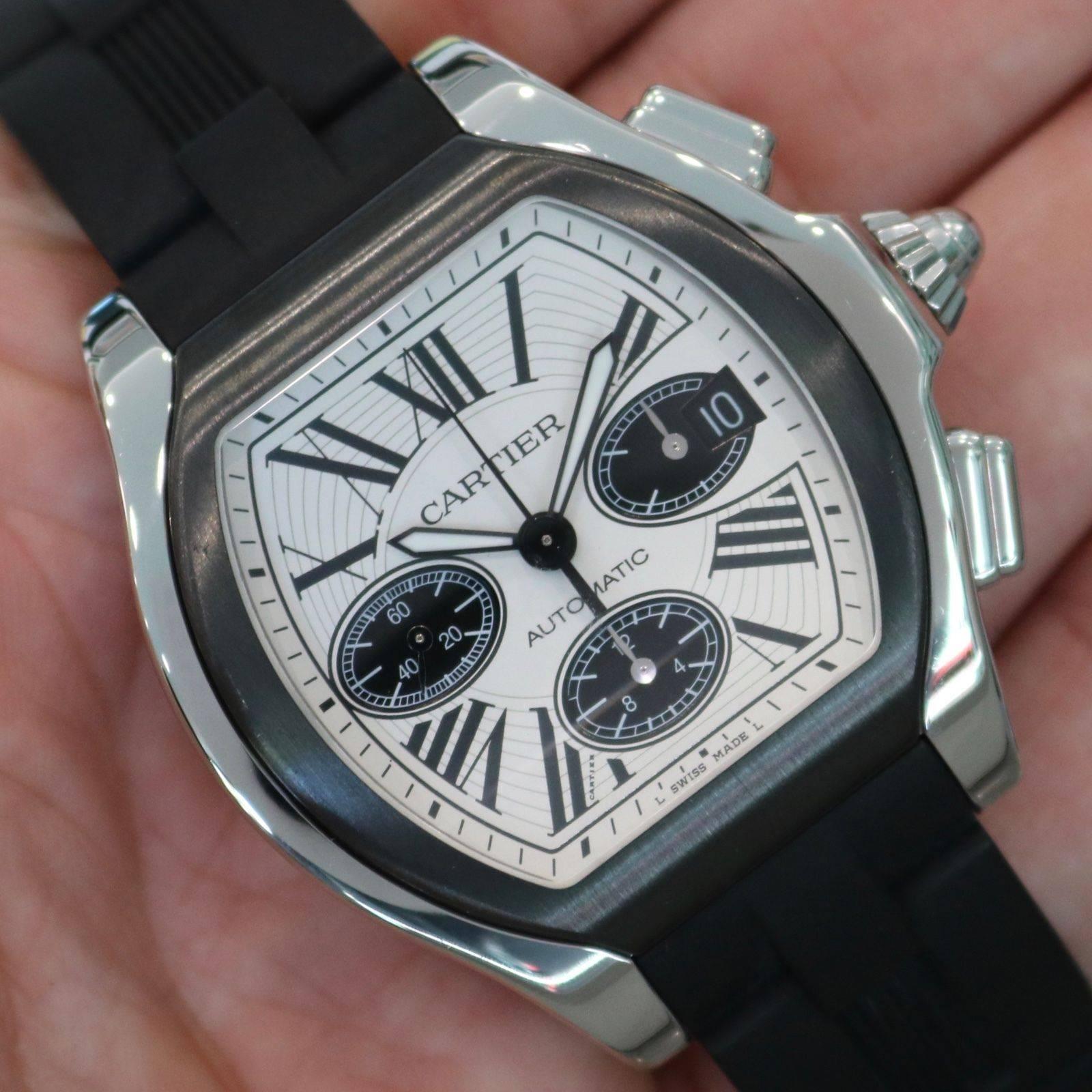 Brand Name:  Cartier
Style Number:  W6206020
Series:  Roadster Chronograph
Gender:  Men's
Case Material:  Stainless Steel
Dial Color:  Silver w/ Black Accents
Movement:  Automatic
Functions:  Hours, Minutes, Seconds, Date, Chronograph
Crystal