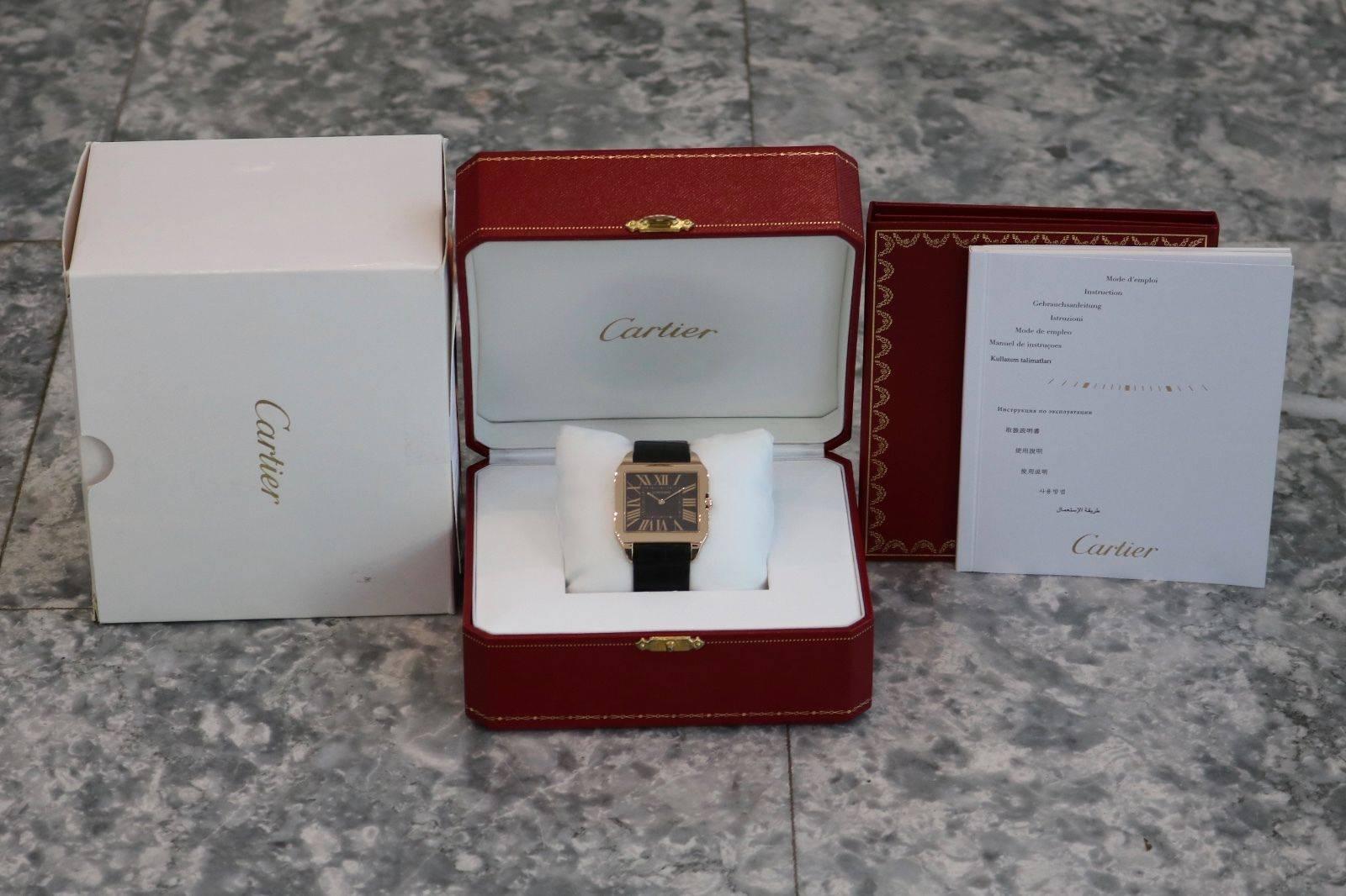Cartier Rose Gold Santos Dumont Large Chocolate Dial Mechanical Wristwatch 1