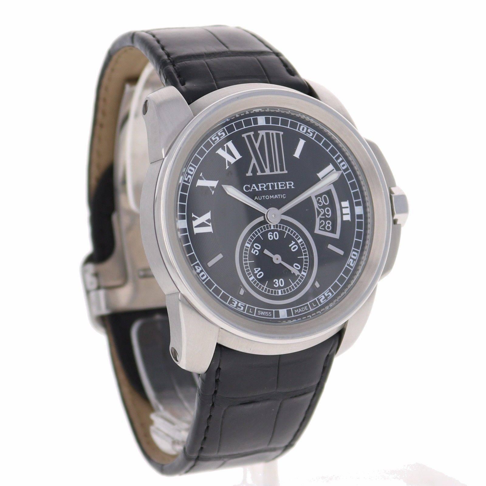 Cartier Stainless Steel Calibre de Cartier Black Dial Automatic Wristwatch  In Excellent Condition In Los Angeles, CA