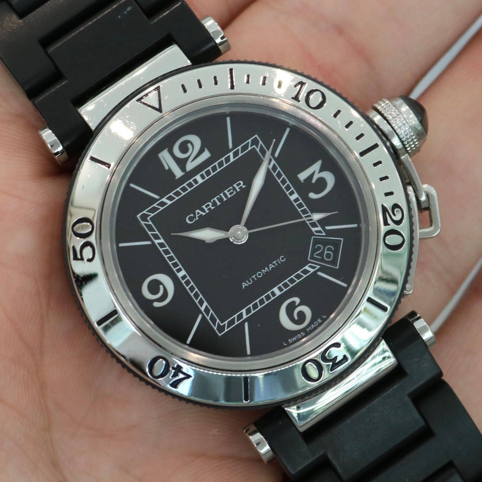 Brand Name:  Cartier
Style Number:  W31077U2
Series:  Pasha Seatimer
Gender:  Men's
Case Material:  Stainless Steel
Dial Color:  Black
Movement:  Automatic
Functions:  Hours, Minutes, Seconds, Date
Crystal Material:  Sapphire
Case Diameter: 