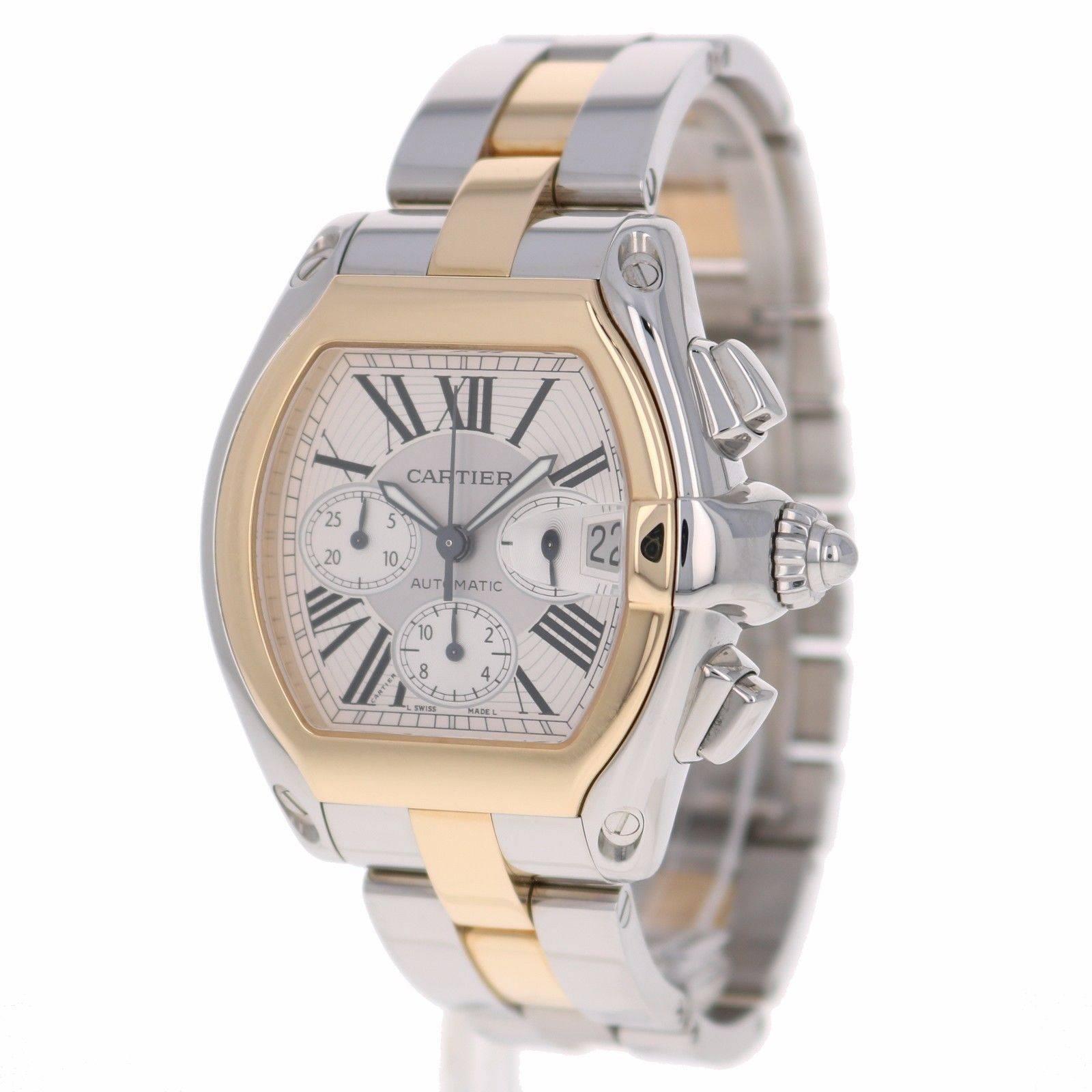 Cartier Yellow Gold Stainless Steel Roadster Extra Large Chronograph Wristwatch In Excellent Condition In Los Angeles, CA