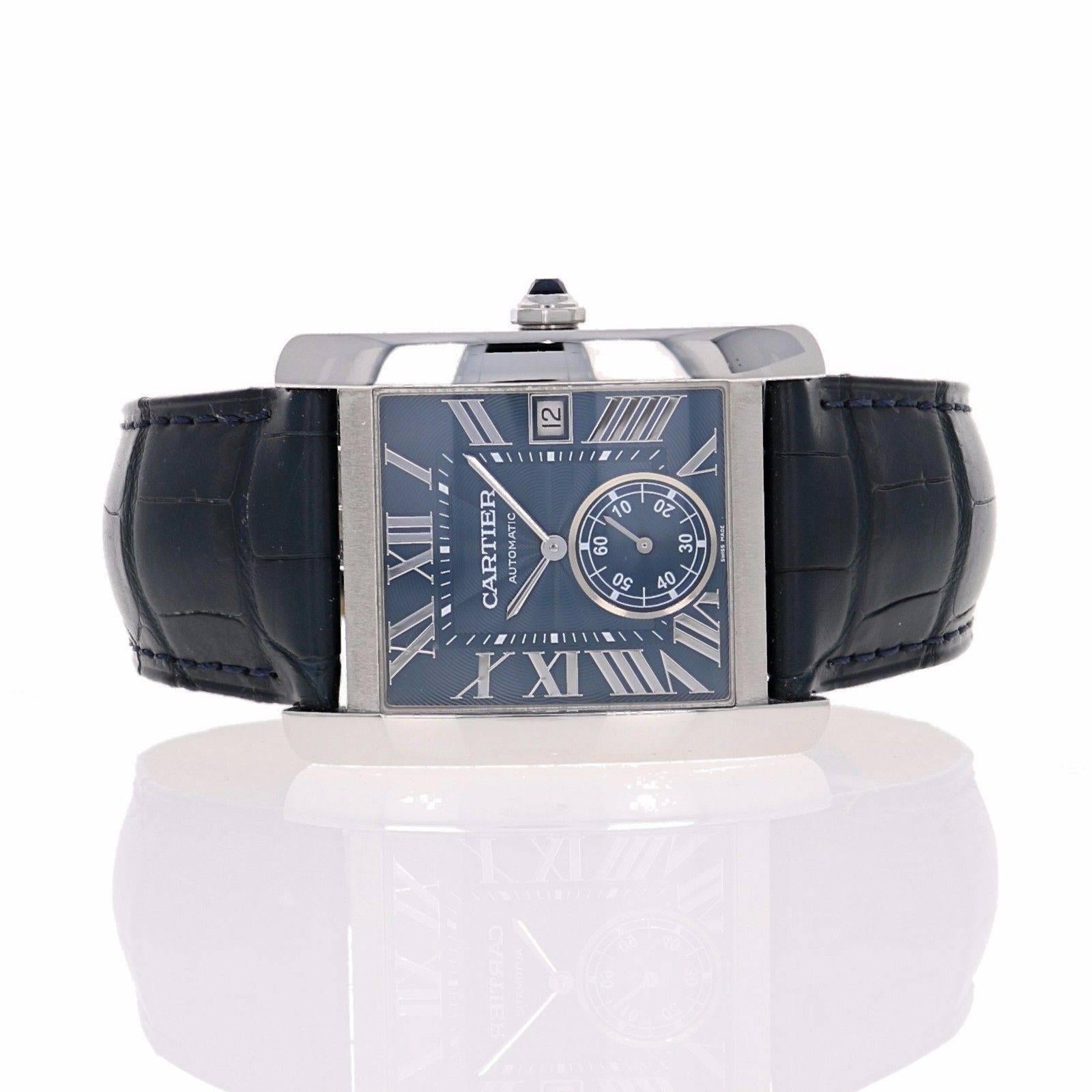 Cartier Stainless Steel Tank MC Blue Dial Automatic Wristwatch In New Condition In Los Angeles, CA