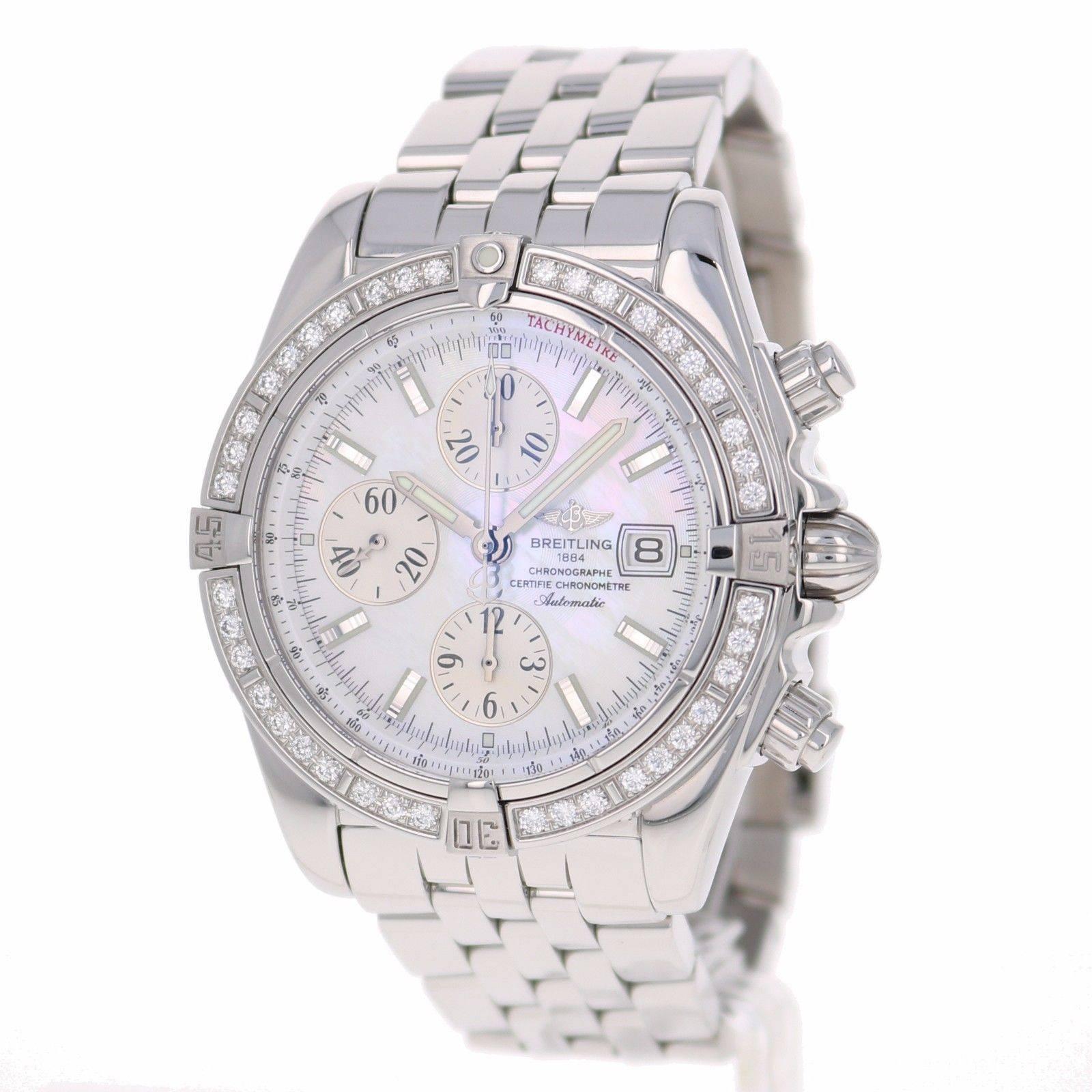 Brand Name: Breitling 
Style Number: A1335653/A569 
Series: Chronomat 
Gender: Men's 
Case Material: Stainless Steel 
Dial Color: Mother of Pearl 
Movement: Automatic 
Engine: Breitling Cal. 13 
Functions: Hours, Minutes, Seconds, Date,