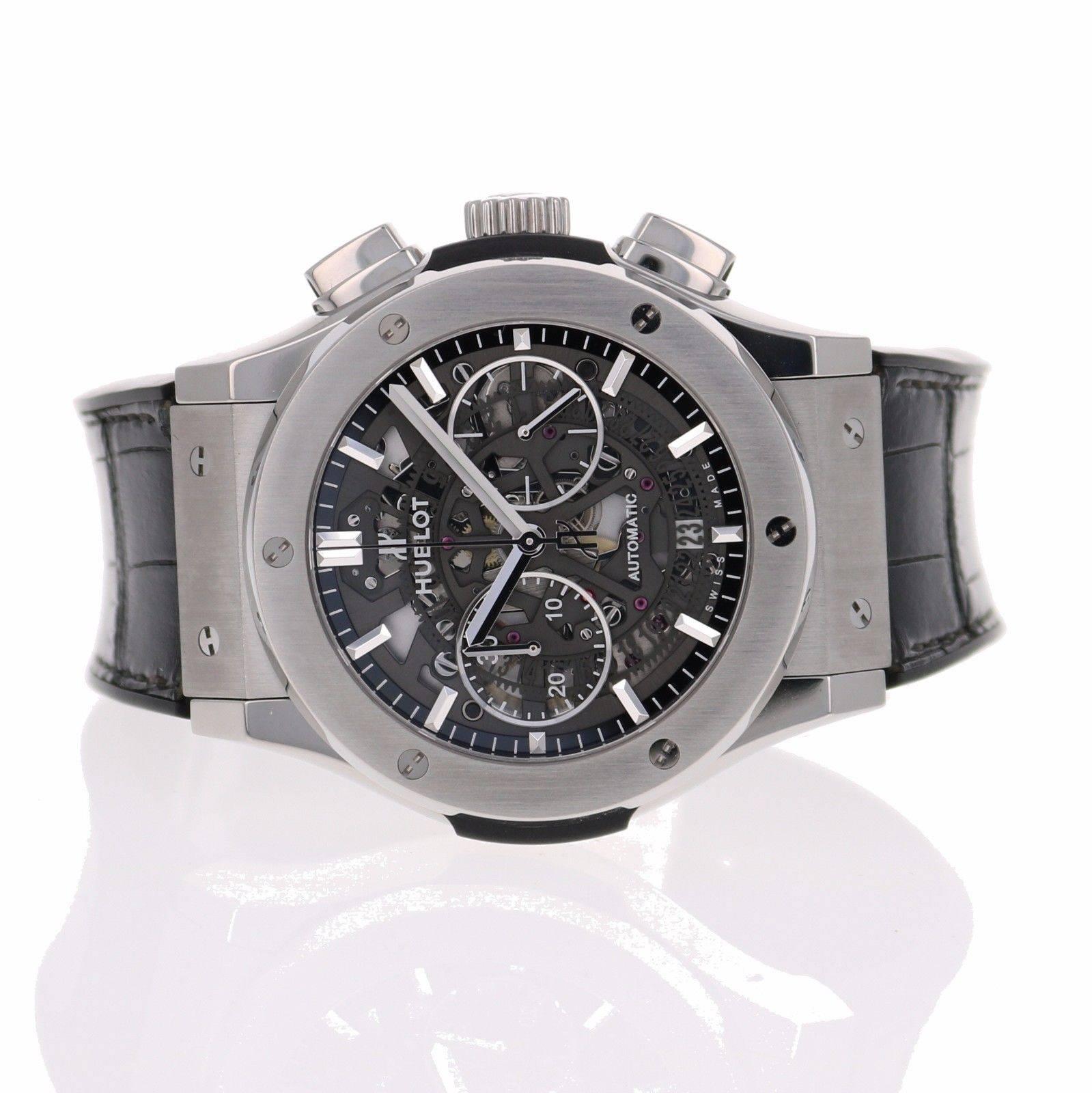 Brand Name  Hublot 
Style Number  525.NX.0170.LR 
Also Called  525NX0170LR 
Series  Classic Fusion Aerofusion Chronograph 
Gender  Men's 
Case Material  Titanium
Dial Color  Skeletonized 
Movement  Automatic 
Engine  Cal. HUB1155 
Functions  Hours,