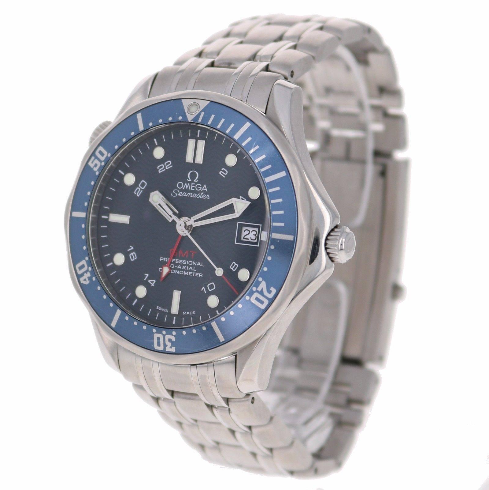 Men's Omega Stainless Steel Seamaster Diver GMT Blue Dial Automatic Wristwatch For Sale