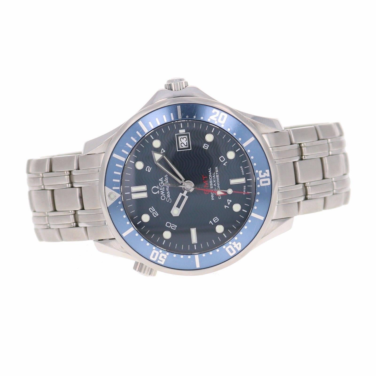 Omega Stainless Steel Seamaster Diver GMT Blue Dial Automatic Wristwatch For Sale 1