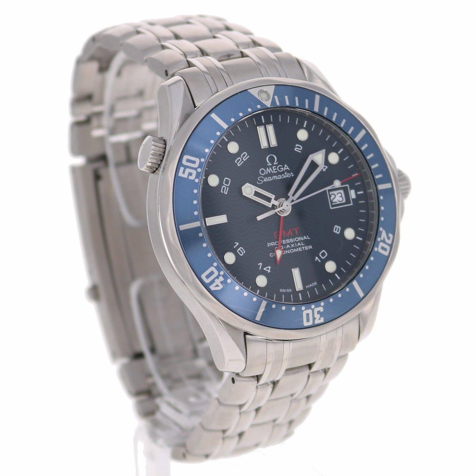 Omega Stainless Steel Seamaster Diver GMT Blue Dial Automatic Wristwatch For Sale 2