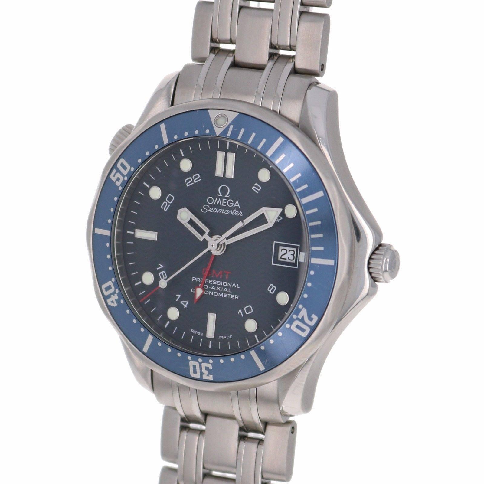 Omega Stainless Steel Seamaster Diver GMT Blue Dial Automatic Wristwatch For Sale 3