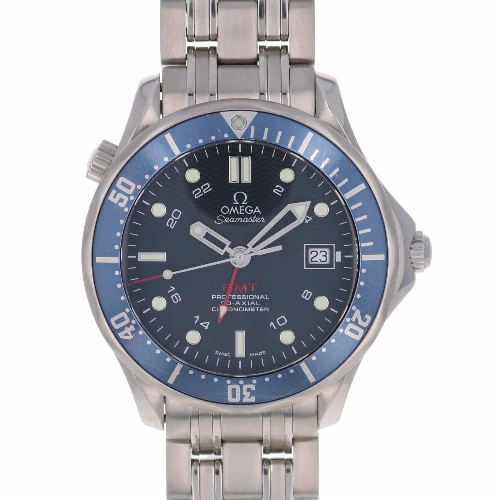 Omega Stainless Steel Seamaster Diver GMT Blue Dial Automatic Wristwatch For Sale 4