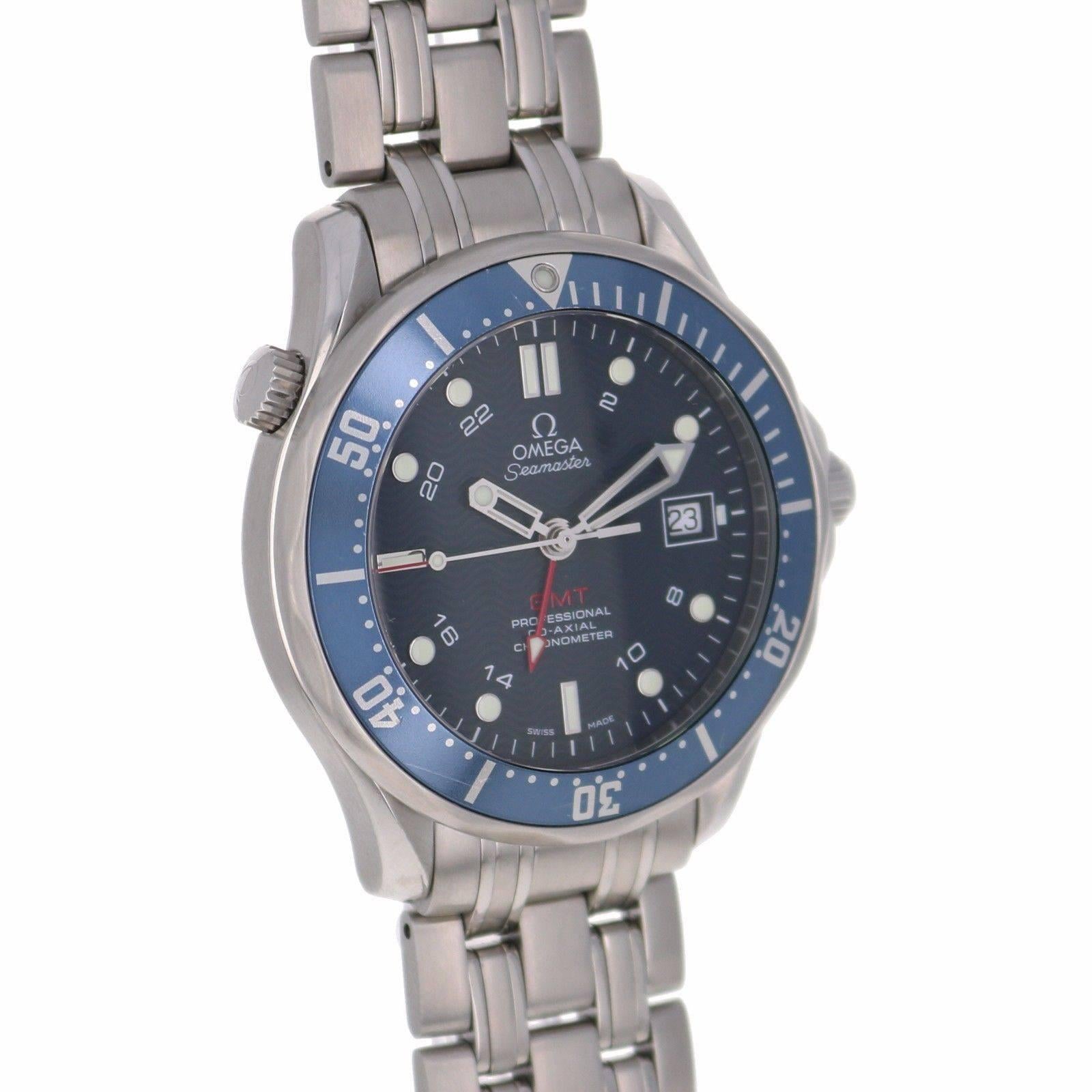 Omega Stainless Steel Seamaster Diver GMT Blue Dial Automatic Wristwatch For Sale 5