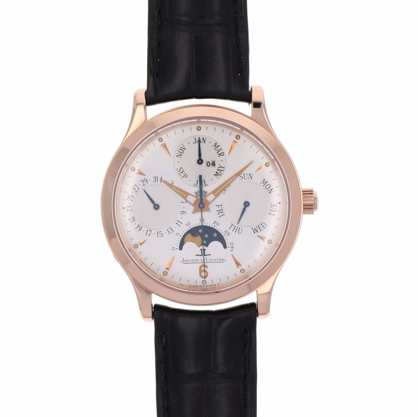 Brand Name  Jaeger-LeCoultre 
Style Number  140.2.80 
Also Called Q149242A 
Series  Master Control Perpetual 
Gender  Men's 
Case Material  18k Rose Gold 
Dial Color  Silver 
Movement  Automatic 
Engine  JLC Cal. 889 
Functions  Hours, Minutes,