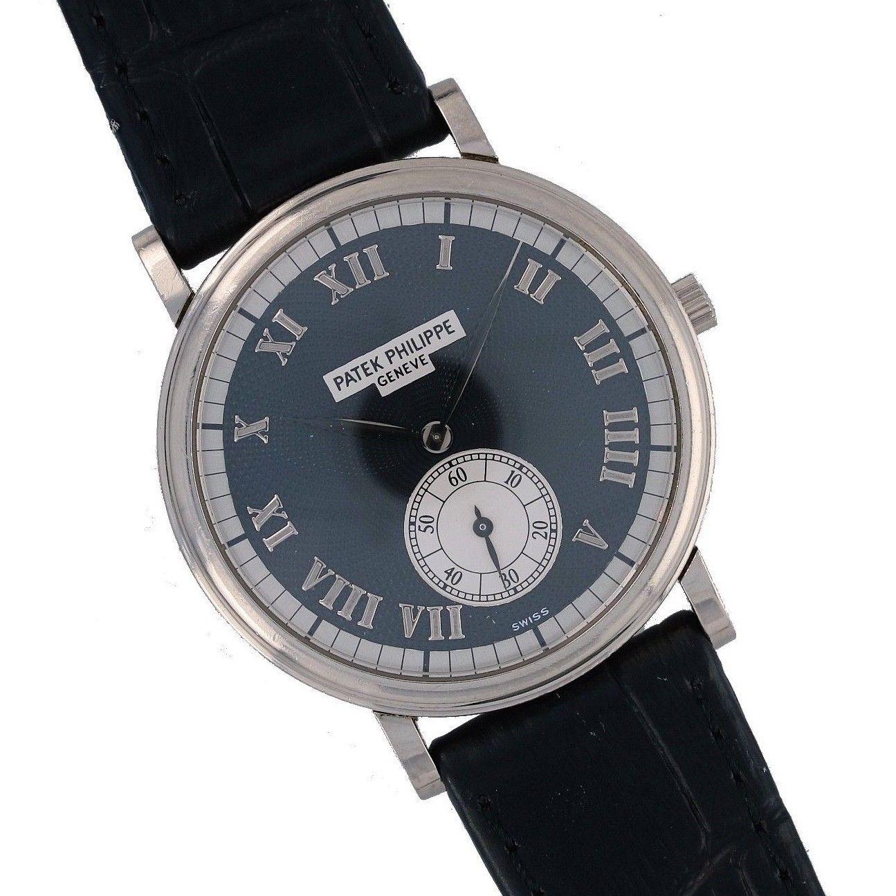 Women's or Men's Patek Philippe Calatrava 18 Karat White Gold Black Dial For Sale