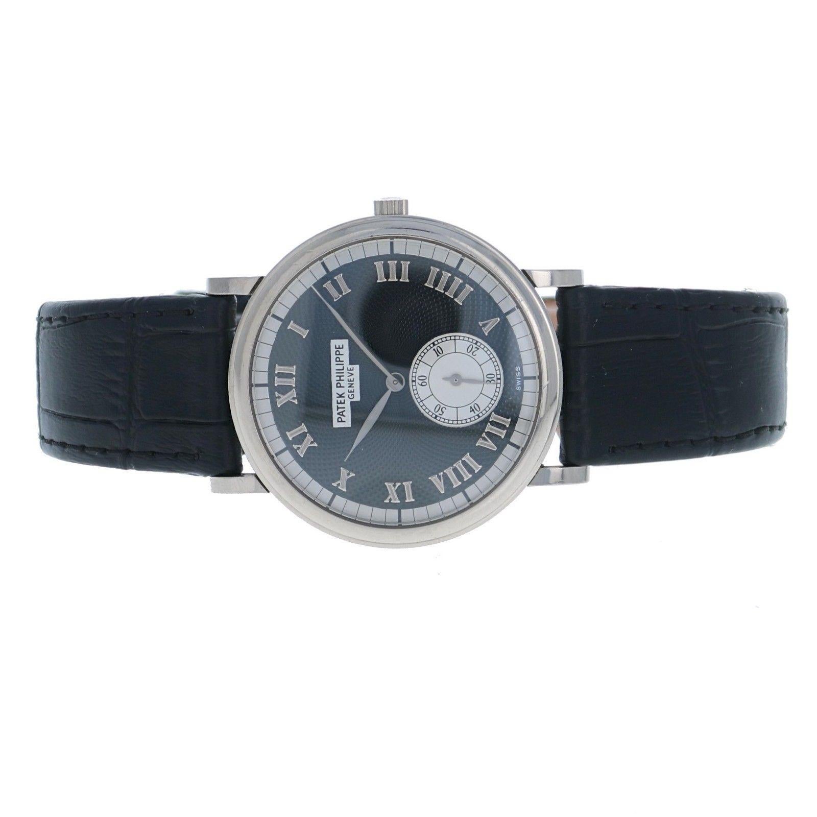 Brand Name  Patek Philippe 
Style Number  5022G 
Also Called  5022 G 
Series  Calatrava 
Gender  Men's 
Case Material  18K White Gold 
Dial Color  Black guilloche engraved, applied white gold Roman numeral hour markers, silvered outer chapter ring