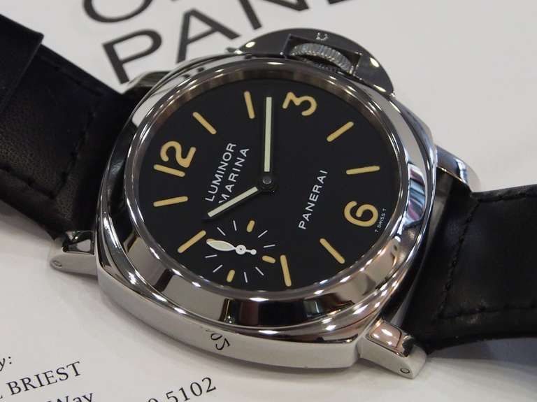 Brand: Panerai
Style Number: PAM 001, A-Series
Series: Luminor Marina
Case Material: Stainless Steel
Dial Color: Black
Movement: Caliber OP II, Manual-Wind
Crystal Material: Saphire with Anti-Reflective Coating
Case Diameter: 44mm
Power