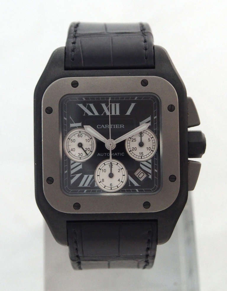 Brand: Cartier
Ref.: W2020005
Model: Santos 100 XL Chronograph
Case Material: ADLC-Coated Titanium
Dial Color: Black
Movement: Automatic, calibre 8630
Crystal Material: Sapphire
Case Measurements: 54.9mm x 46.55mm
Case Back: ADLC-Coated