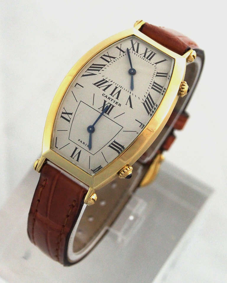 Cartier Yellow Gold Dual Time Tonneau Wristwatch In Excellent Condition In Los Angeles, CA